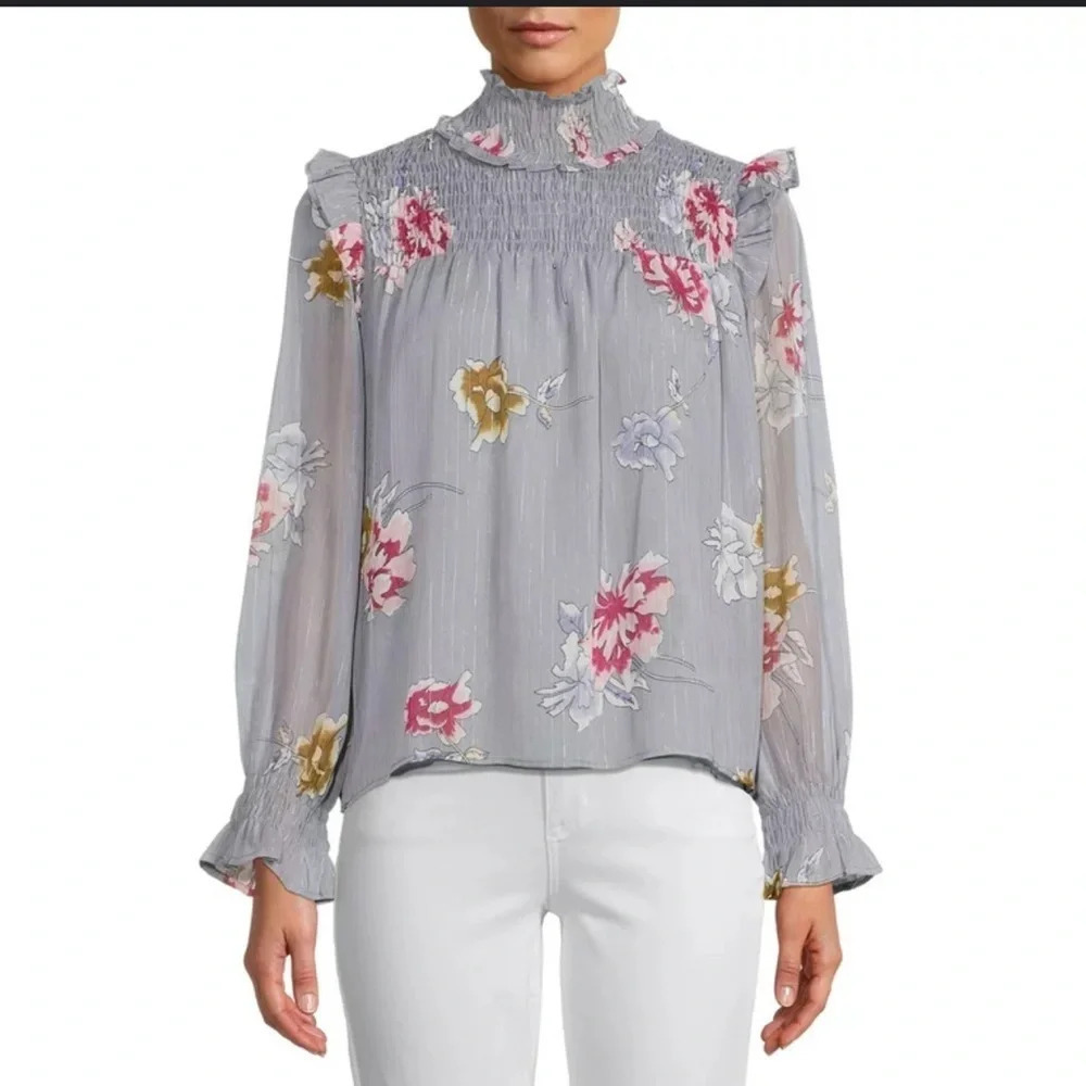 $158 Walter Baker Women's Gray Floral Smocked Neck Long Sleeve Blouse Top Size S